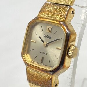 Vtg Pulsar Watch Women 16mm Gold Tone V232-5790 Octagon Petite New Battery 6.75"
